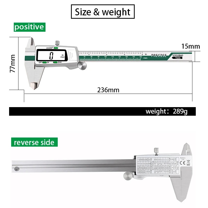 YIYOUBAO ET50 150mm Digital Caliper Fração de Aço Inoxidável/MM/Polegada 0.01mm Alta Precisão para Componentes Mecânicos Medida