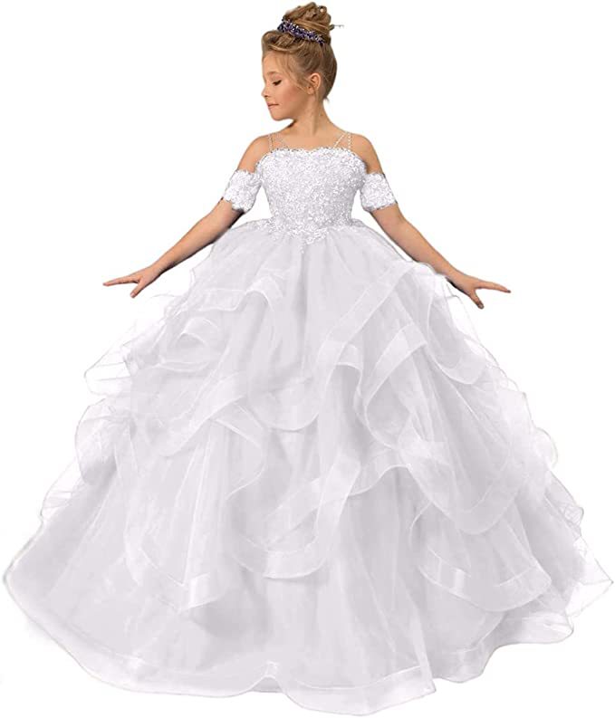 Dostosowana sukienka dla dziewczynki z kwiatami Royal Blue Tulle Puffy Layered Appliques Short Sleeve For Wedding Birthday Banquet Princess Gowns