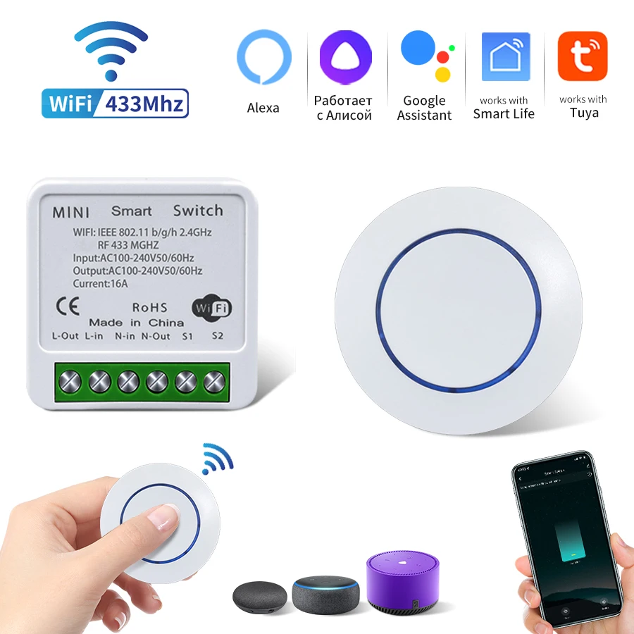 Interruptor wi-fi tuya smart life app rf 433mhz botão redondo remoto alexa google home módulo de controle de voz receptor interruptor inteligente