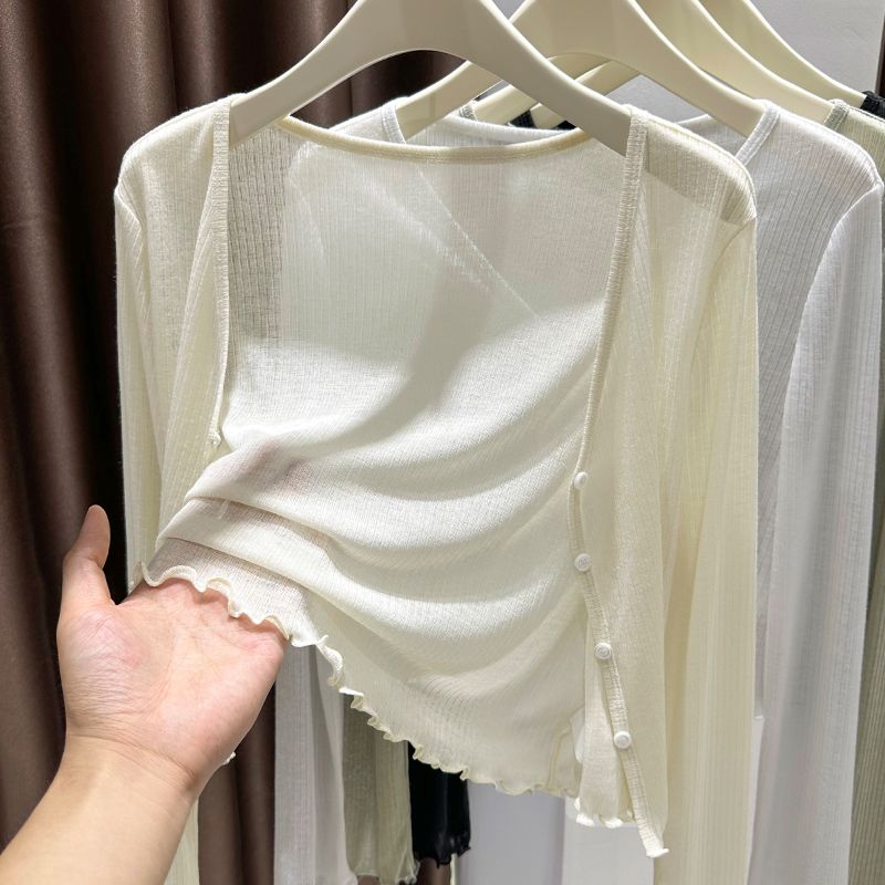 Cardigan F Plus Size de Seda Gelada Fina com Proteção Solar, Manga Curta, Estilo Csa Externa com Borda Efeito Madei...