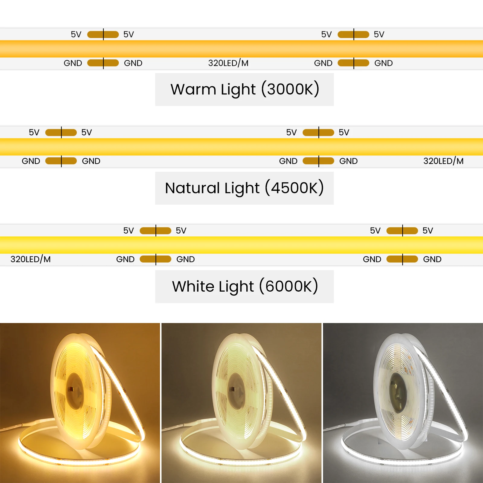 3AA バッテリーボックス 5V COB Led ストリップ 8 ミリメートル 320LEDs/M 暖かいナチュラルクールホワイト柔軟な COB ストリップライト寝室キャビネットテレビバックライト用
