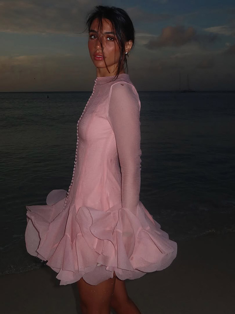 Vestidos femeninos de lujo con cuello redondo y botones con volantes rosas, Vestidos de fiesta de cintura alta y manga larga a la moda, Vestido de noche corto para señora nueva de primavera