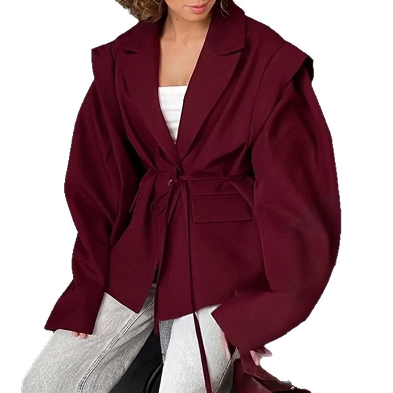 Zekye blazer feminino com estilo high-end 2025 primavera outono europeu elegante commuter look com cinto de gravata ombros acolchoados