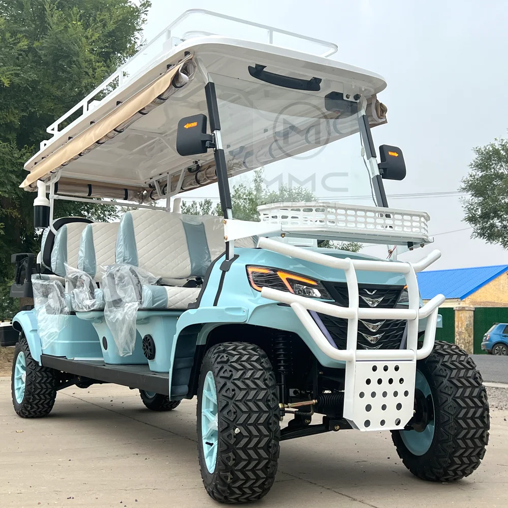 ขายใหญ่ 8 ที่นั่ง 48V 72V 150W แผงพลังงานแสงอาทิตย์รถเข็นแบตเตอรี่ลิเธียม 14 นิ้วยางรถกอล์ฟไฟฟ้า Dune Buggy Off-Road รถกอล์ฟ