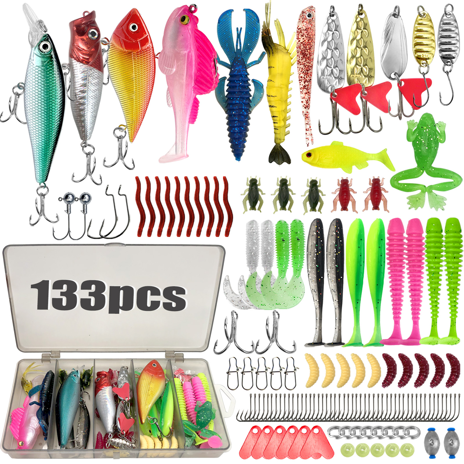 Kit de Iscas de Pesca 83/133/193/239/409 peças para Truta/Lúcio/Bass - Conjunto Multiuso com Equipamento Profissional e Caixa de Equipamentos Multicamadas