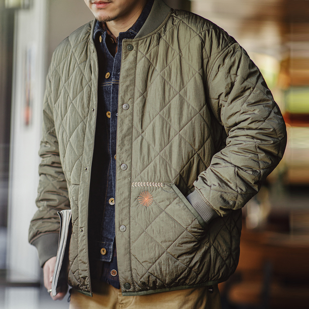 Maden カジュアル キルティング ベースボール ジャケット 厚くて暖かい パッド入り コート グリーン ヴィンテージ アウター メンズ 冬用 多用途 コート ポケット付き