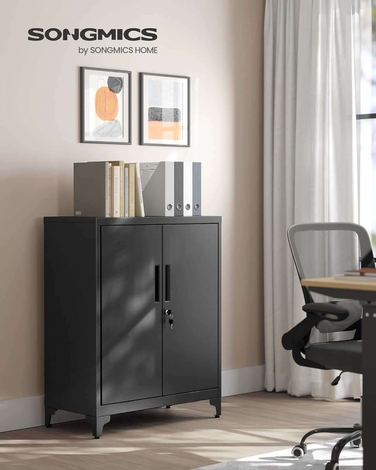 Büroschrank mit 2 Türen, Schrank abschließbar, Stahlschrank, für Arbeitszimmer, Wohnzimmer, Mattschwarz OMC01