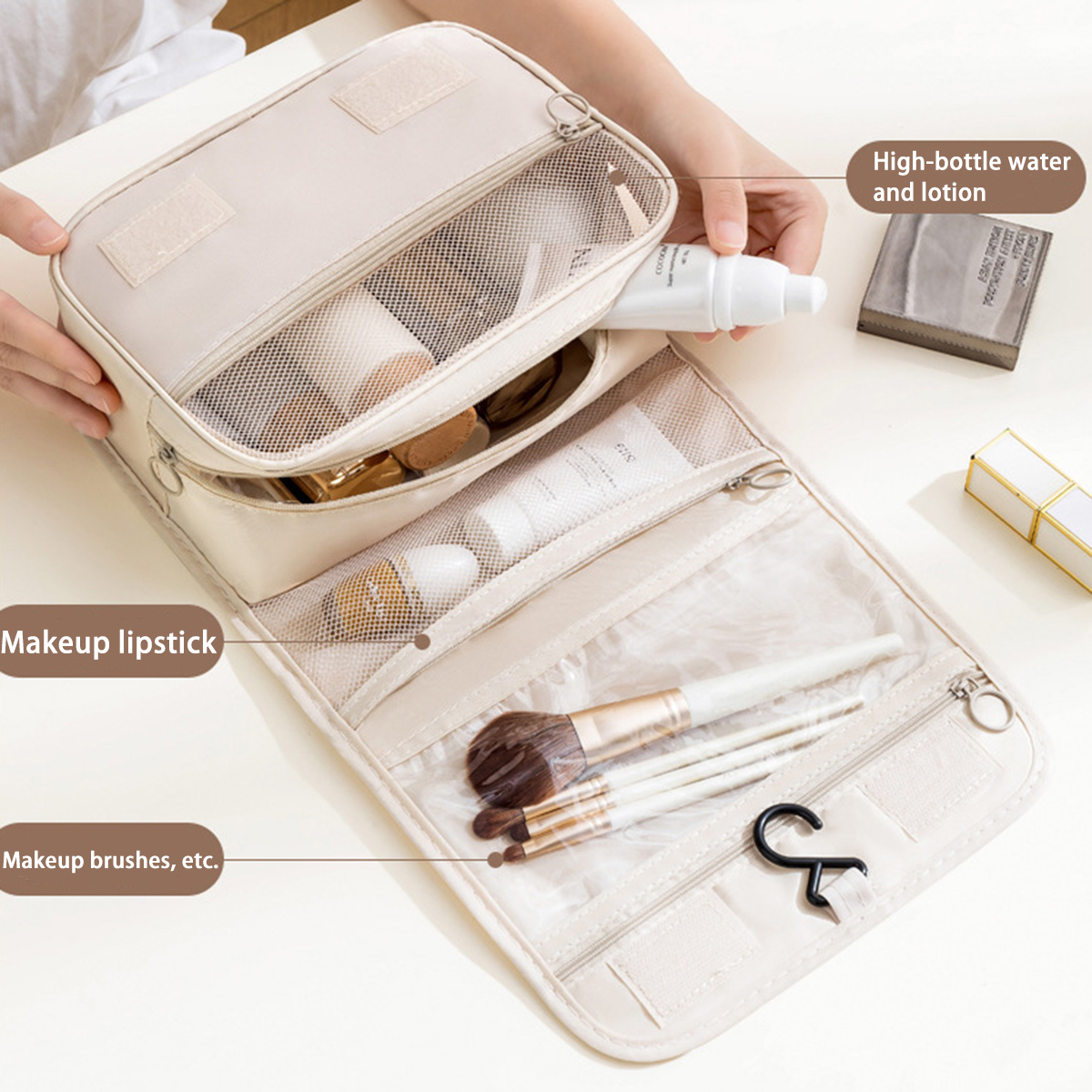 A multi-functional travel bag that can be hung with dry and wet separation, a hand-held toiletry and storage bag, one set
