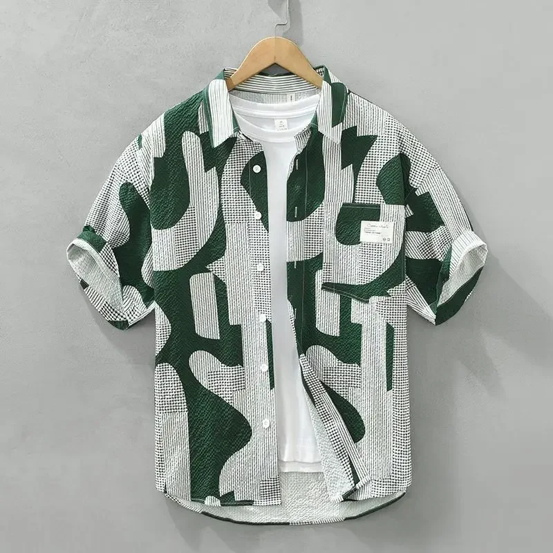 Camisa estampada de gran tamaño con bolsillo para hombre, camisas masculinas de moda, Tops de manga, marca barata, diseñador Xxl, Hipster asiático, 2024