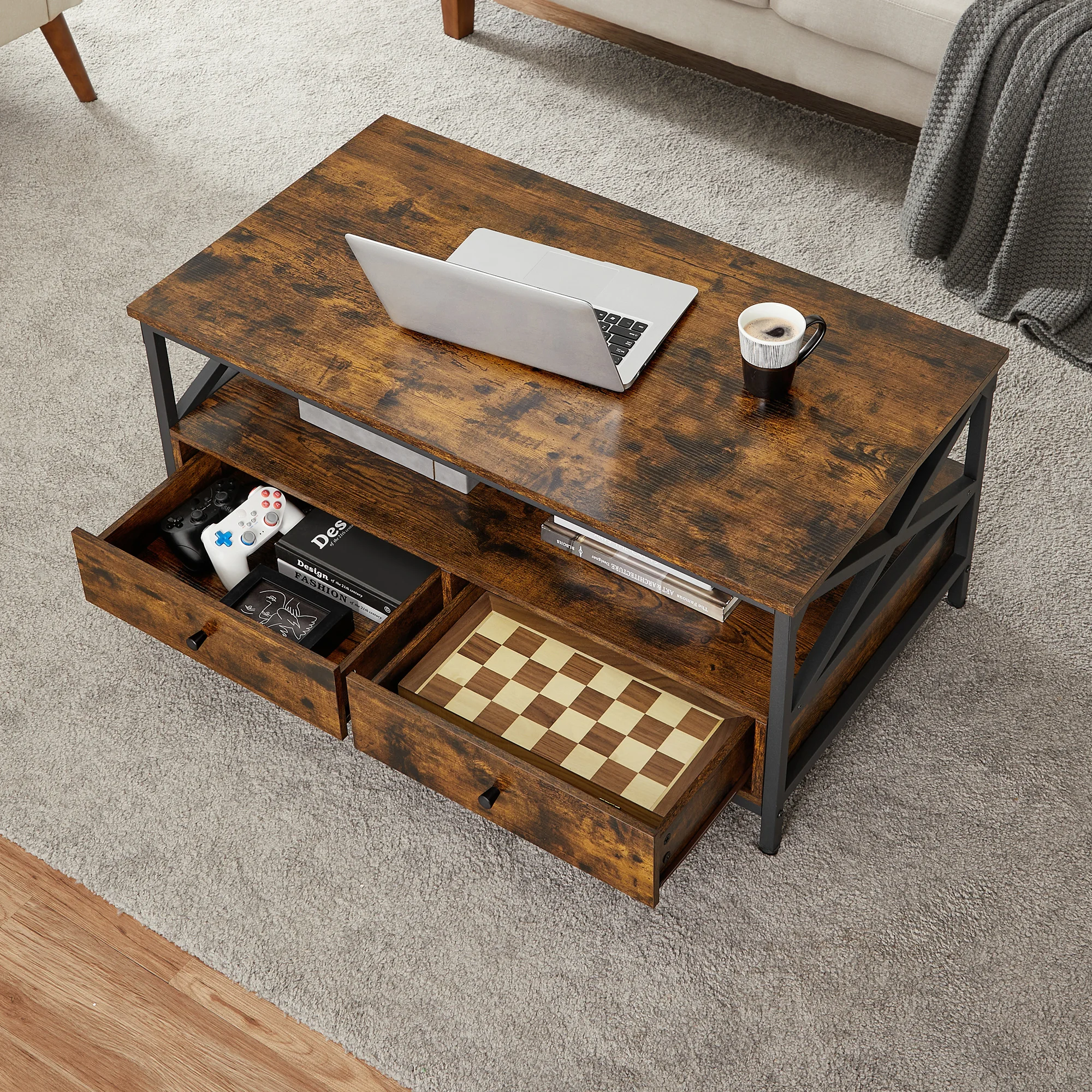 VASAGLE Table Basse, Table de Salon, Buffet Bas, avec 2 Tiroirs et Un Compartiment Ouvert, Cadre en Acier en Forme de X, 100 x 55 x 45 cm, Style Industriel