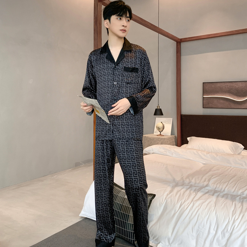 Pajamas Men Spring Summer Thin Ice Silk Luxurious Loose Fitting Home Wear Suit Male Satin Pyjamas Set Night Sleep-Suit Gentlemen