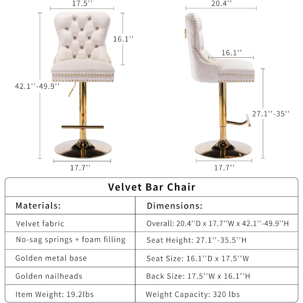 Beige Velvet Swivel Bar Stools Set of 4 with Upholstered Back, Adjustable Counter Height Barstools, Bar Chairs for Home Bar Kitc