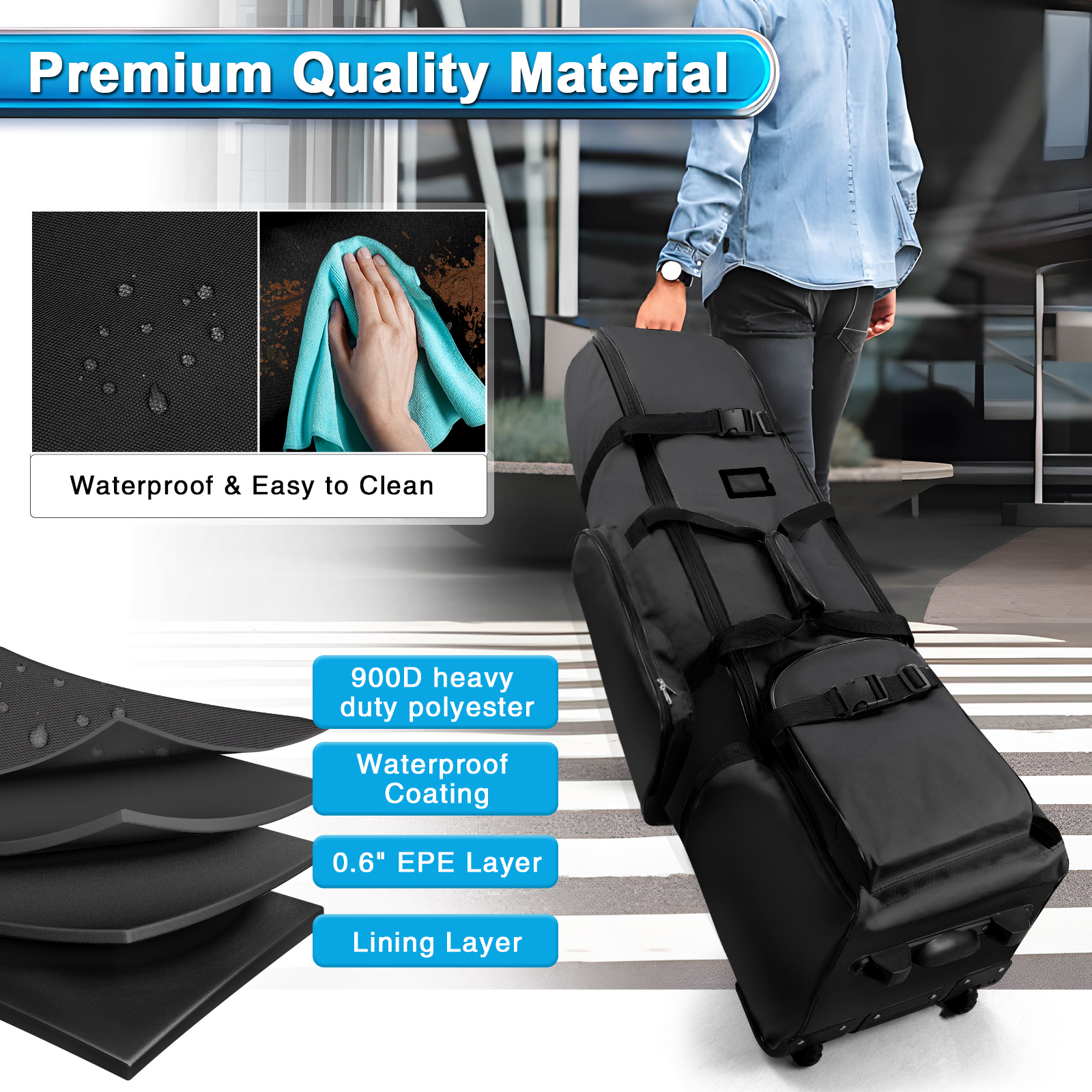 オックスフォードポリエステル製トラベルバッグ,頑丈,耐摩耗性,ホイール付きの優れたジッパー,ソフトサイド,折りたたみ式ゴルフケース,900d