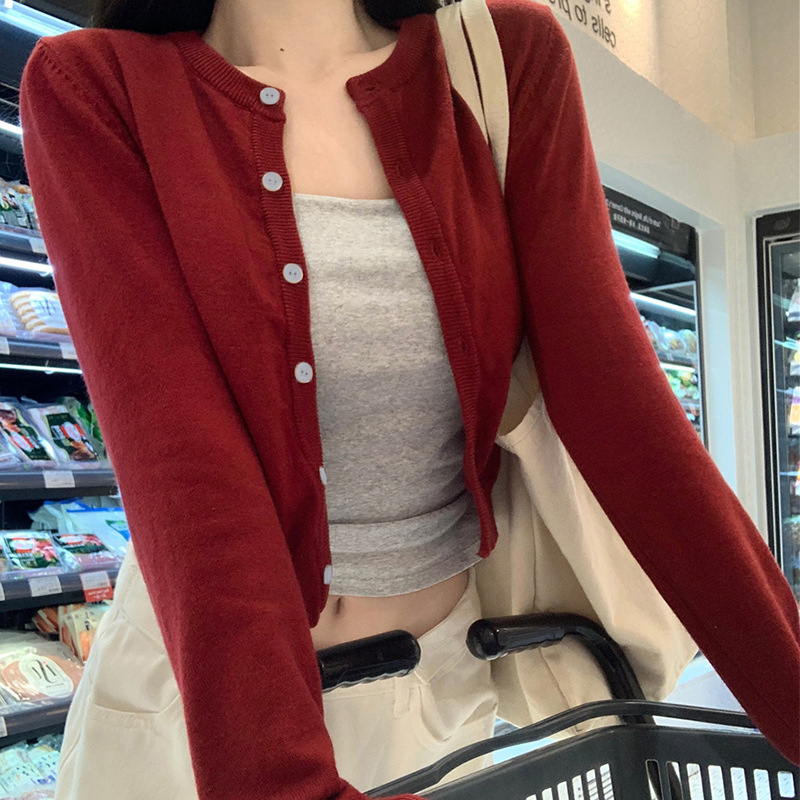 Alobee-cárdigan rojo de punto para mujer, ropa para principios de otoño, suéter corto para exteriores, prendas de vestir exteriores, Top de manga larga, camisa por el trasero, novedad de 2024