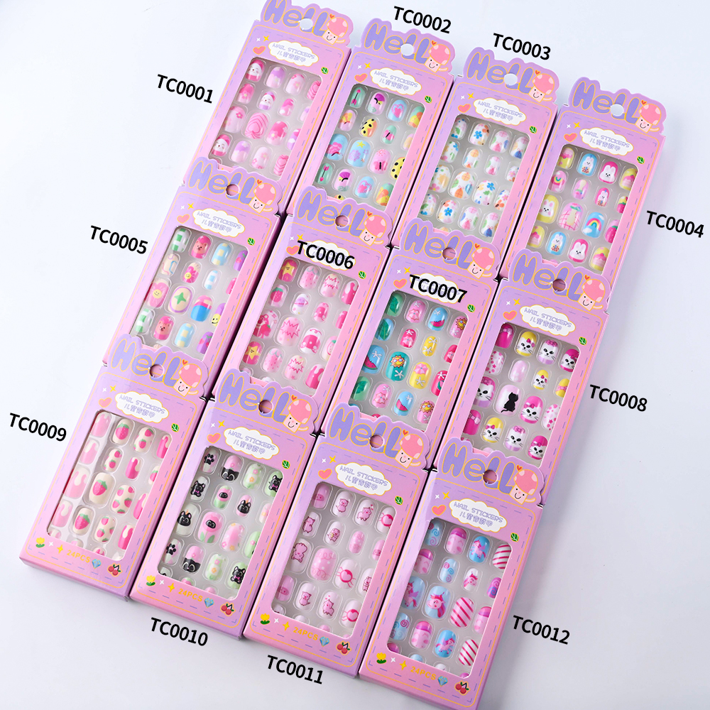 24Pcs/box Kids Cartoon Pattern False Nail Wearable Cute Girl Child Fake Nails Tips Kawaii Acrylic Artificial Press on Nails+Tool