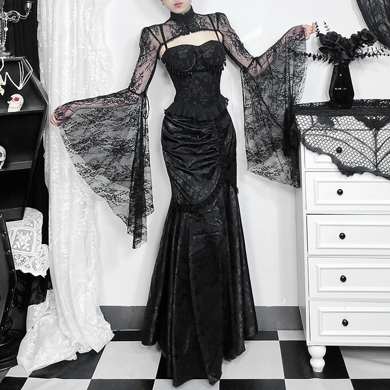 Goth Dark Elegant Fashion Party Gown High Waist Lace Stitch Mermaid Skirt Female Sexy Pleated Bodycon Skirts Gothic Streetwear