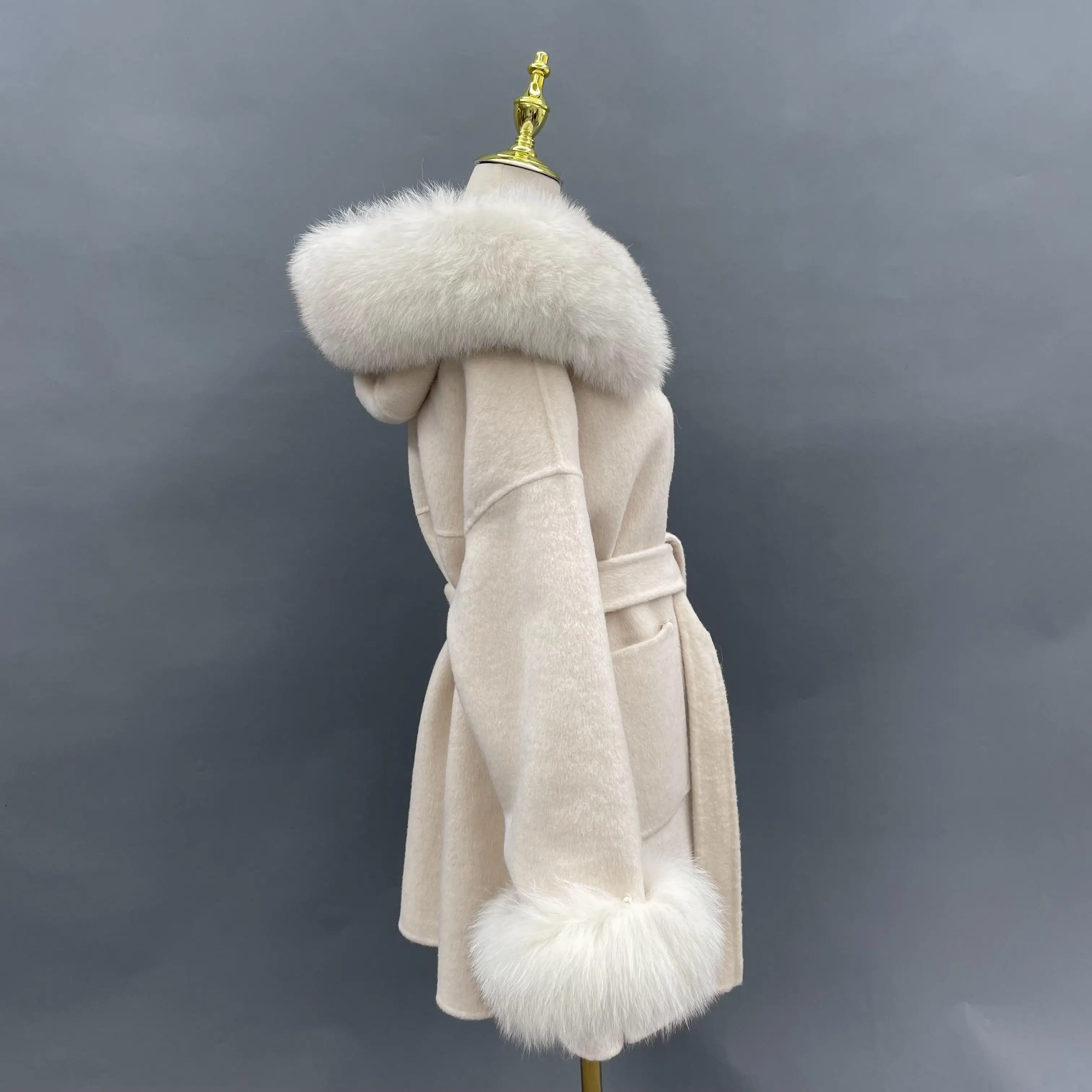 MISSJANEFUR-abrigo de lana con cuello de piel de zorro Real para mujer, abrigo de Cachemira con cinturón, abrigo cálido con capucha para invierno, 2023