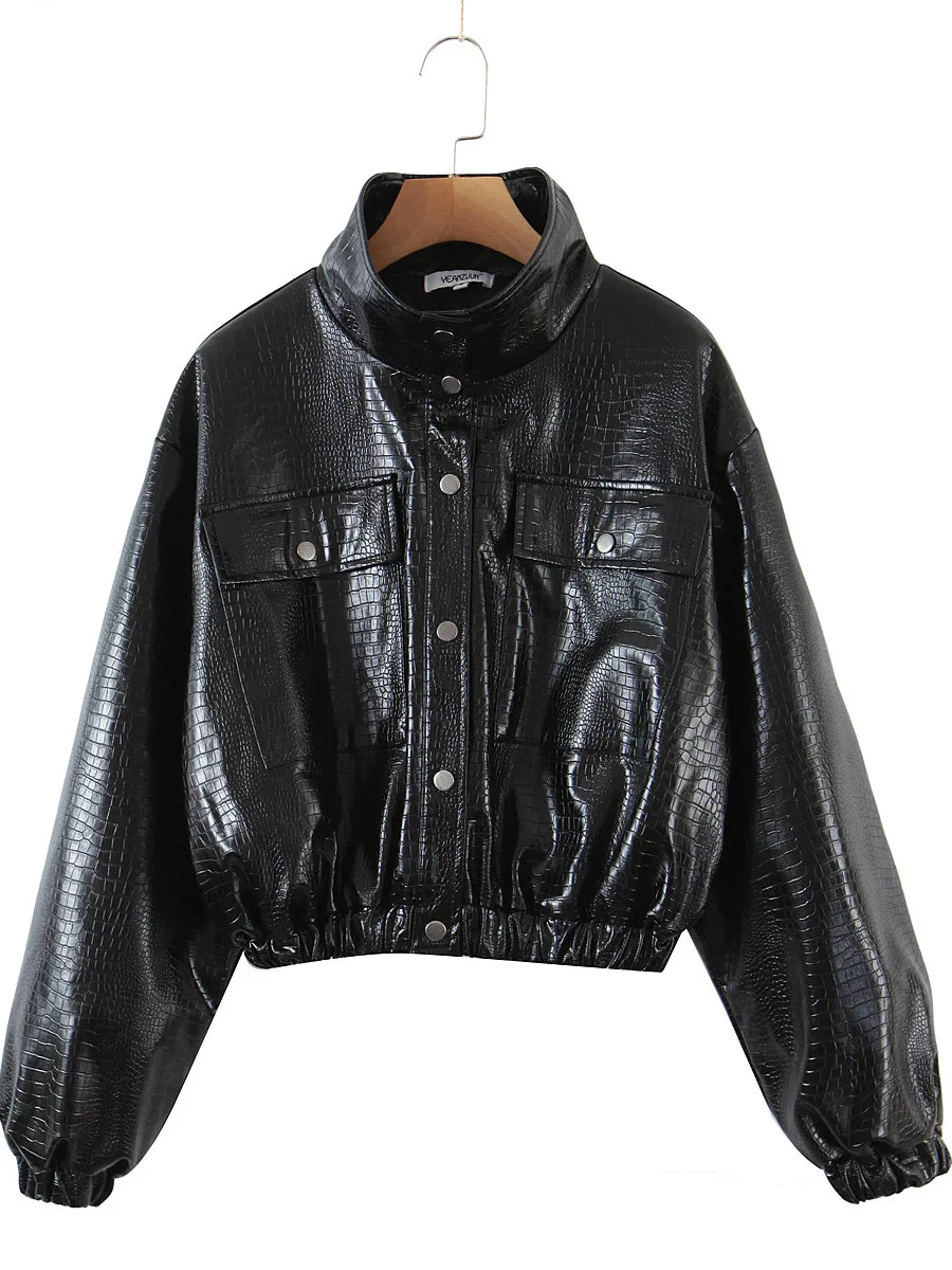 2021 Y2K KÜHLEN Frauen Plaid Präge PU Leder Jacke Mit Stepp Futter Lange Sleeve Gestellte Mantel Lose Kurze Outwear Schwarz