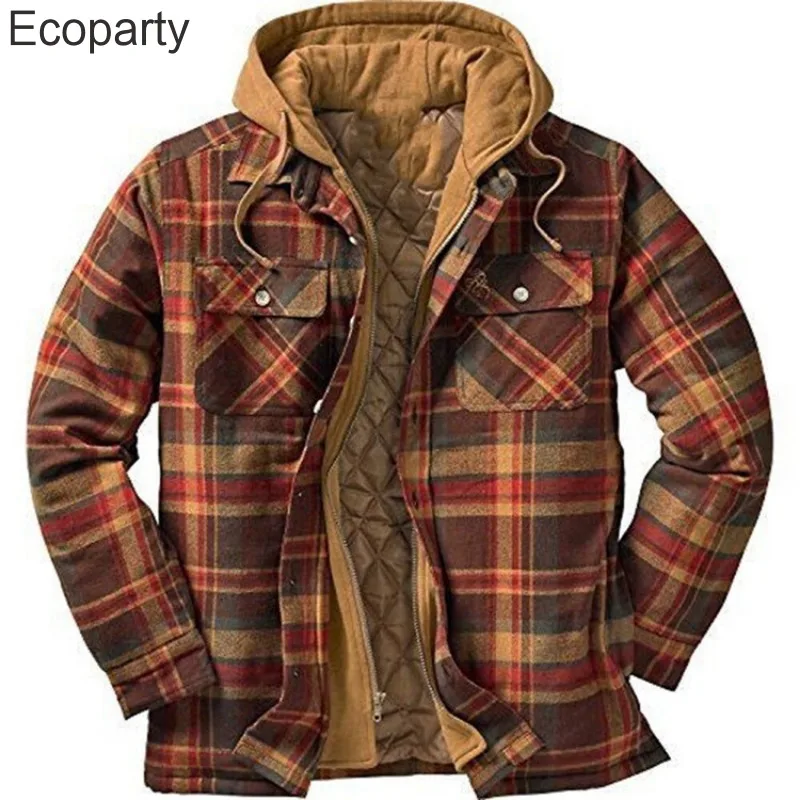 Homens jaquetas de inverno harajuku camisas xadrez casacos com capuz zíper manga longa camisas casuais básicas jaquetas estilo europeu tamanho S-5XL