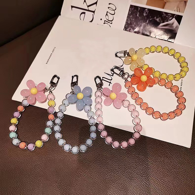 Cordón antipérdida para teléfono, colgante de muñeca corta con llave, colgante de cuentas redondas de macarrón colorido, cadena de mano para mujer, cordón para teléfono móvil