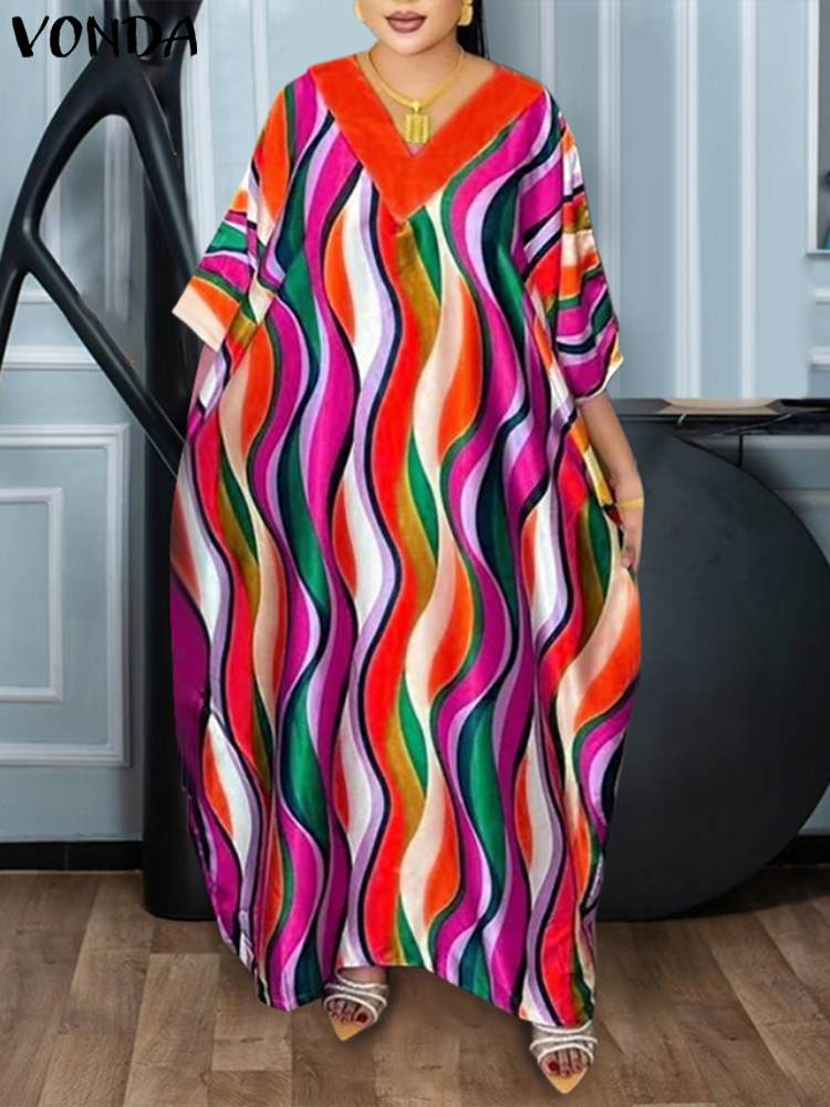 Plus Größe VONDA 2024 Frauen Bohemian Kleid Herbst Gedruckt Satin Maxi Lange Sommerkleid V-ausschnitt Fledermaus Ärmel Casual Lose Party Vestidos