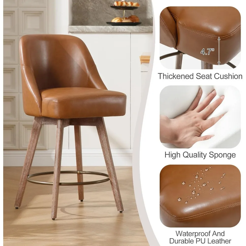 Counter Height Bar Stools Set of 2, Mid-Century Swivel Bar Chairs with Backs and Beech Wood Legs, 26 Inch Seat Height