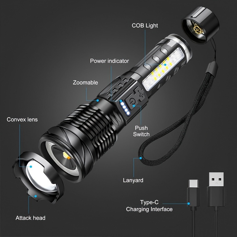Linterna LED de alta potencia XHP50, luz lateral COB táctica, linterna con zoom, aleación de aluminio, recargable por USB, impermeable, autodefensa