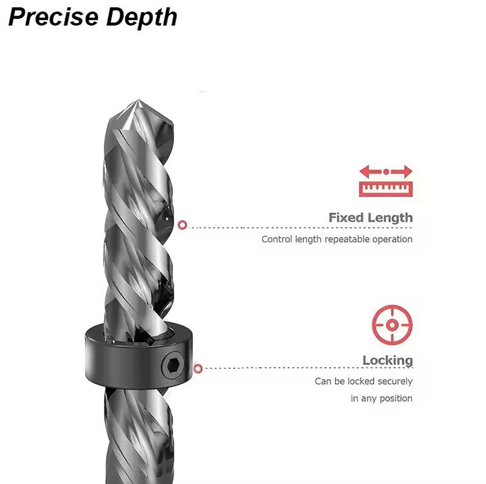 Set di collare per tappo per trapano Anello per punta di arresto Limite dell'albero Blocco metrico Profondità della pressa in acciaio Posizionatore regolabile Guida per fori Strumenti per la lavorazione del legno