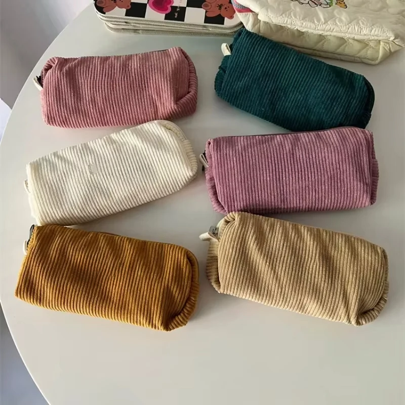Creative Corduroy Pencil Case INS Style Large Capacity Toiletry Bag Zipper Pen Bag Office School Supplies,has random logo print