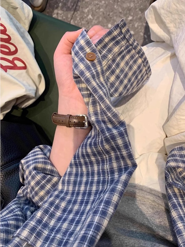 Csa Jaqueta de Manga Longa em Xadrez Azul 2025 para Mulheres, Solta e Leve, Blusa de Proteção Solar Estilo Francês com Gol...