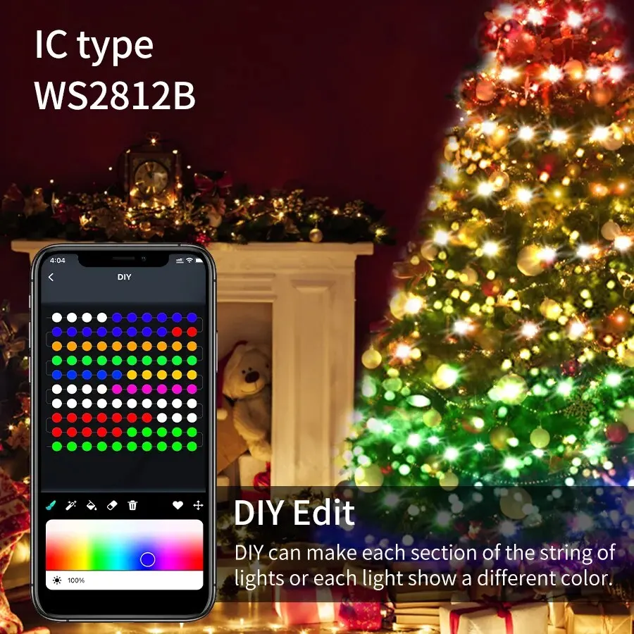 20m rgbic ledストリングライトws2812b rgb妖精クリスマスライトbluetooth usb 5vアドレス可能個別に音楽アプリ夢の色