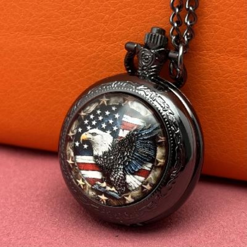 American Flag Design with Eagle Pocket Watch Necklace - Stainless Steel Quartz Movement, Non-Waterproof Watch for Men