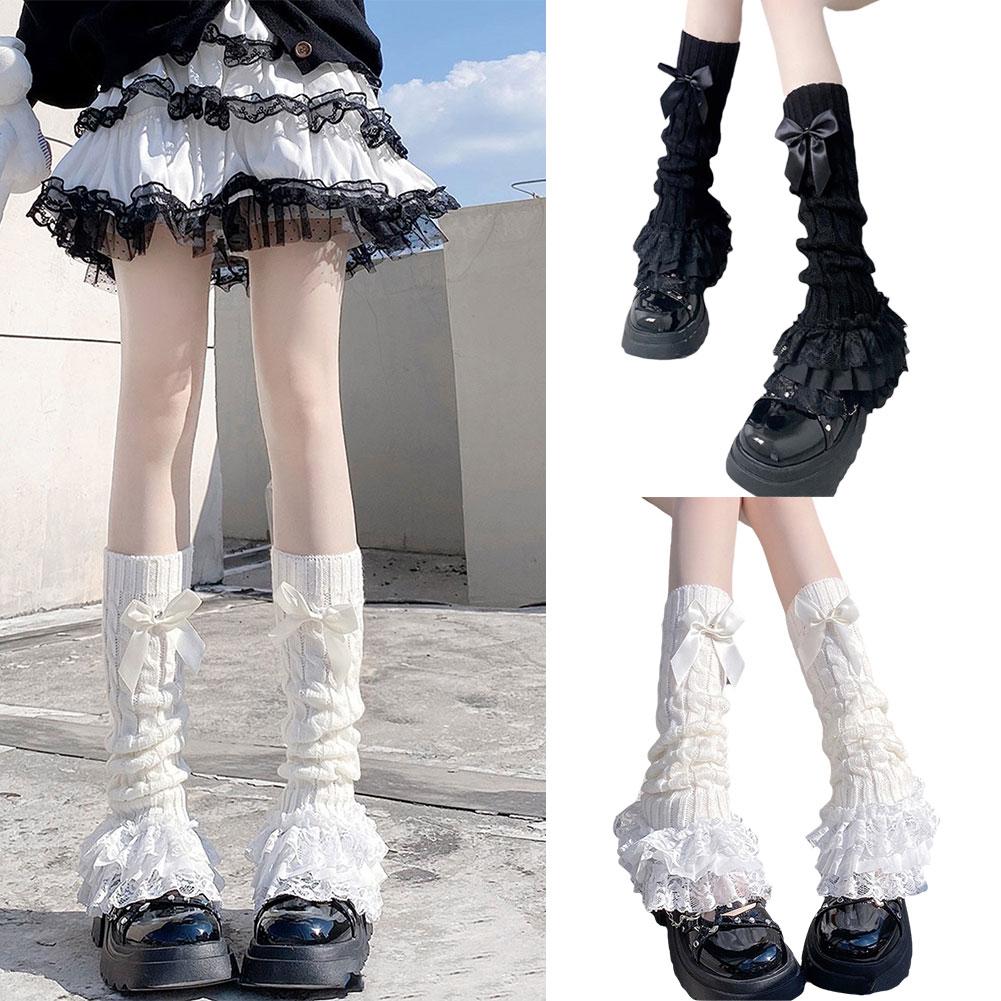 Calentador de piernas de punto japonés para mujer, calcetines con volantes escalonados con lazo, calcetines Lolita de encaje para niña, calentadores de cuerno de pierna de encaje en forma de T, P1J5