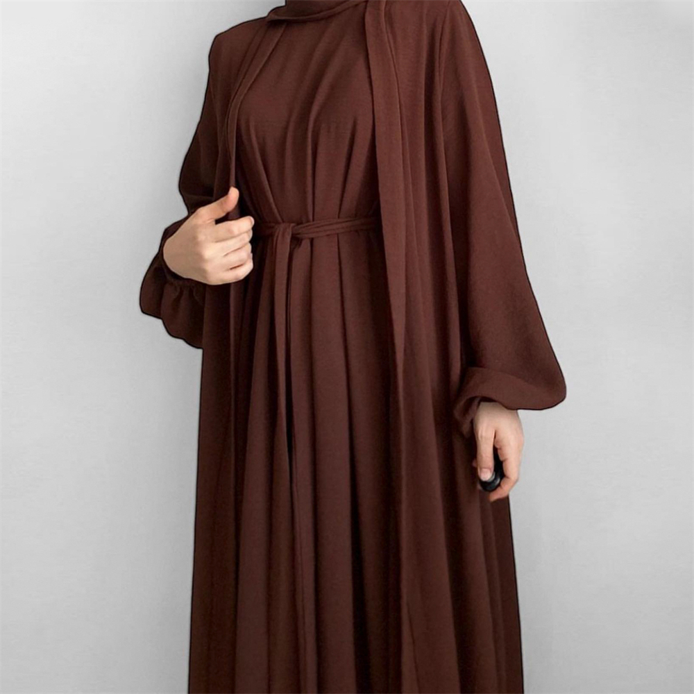 Novo conjunto abaya tecido crinkle aberto abaya + vestido longo interno roupas islâmicas vestidos femininos muçulmanos conjunto turco kaftan ramadan eid