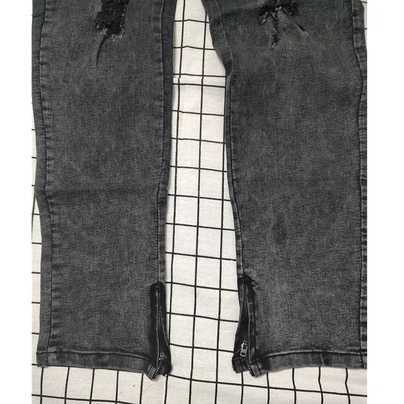 Biker Jeans Męskie Distressed Stretch Ripped Biker Jeans Męskie Hip Hop Slim Fit Holes Punk Jeans Zipper Pure Color Denim Pants