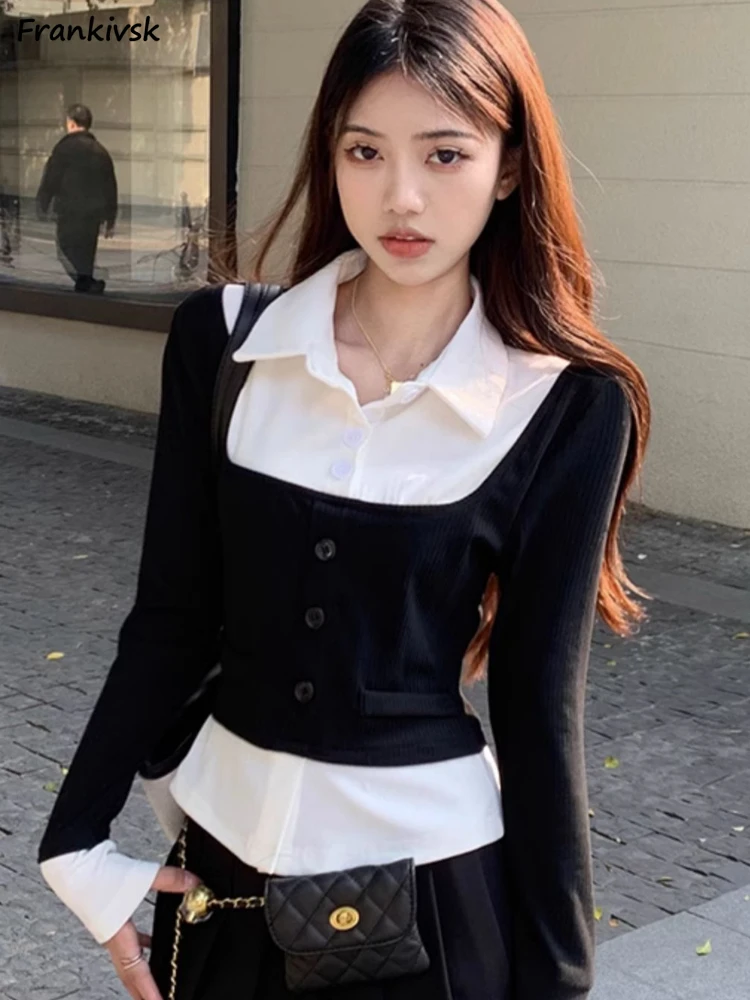 Shirts Women Slim Sexy Daily Minimalist Aesthetic Prevalent Vitality Cropped French Style Sweet Fake Two Pieces Spring Autumn