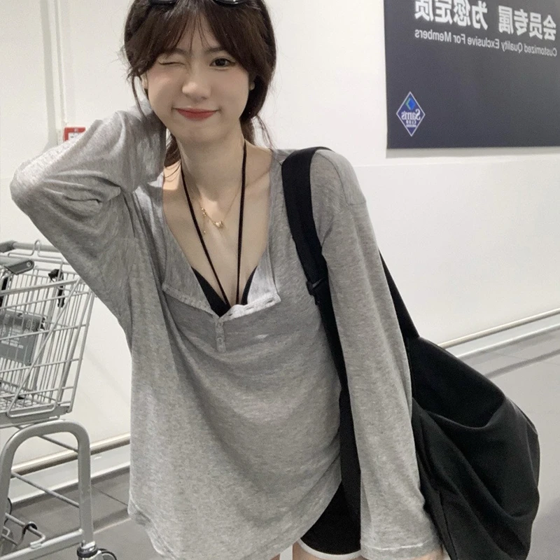 Tシャツ女性スラッシュネック長袖トップス固体ストレッチ女性の夏のセクシーなクラブ Tシャツ韓国ルーズ Tシャツストリート服