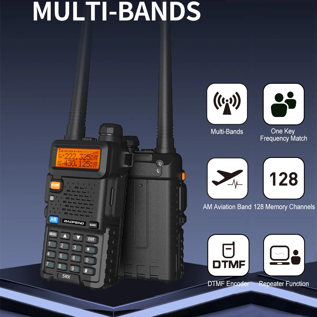 Baofeng 5RX Radio 5W VHF 1.25M UHF Walkie Talkie One Key Frequency Match 128 canali Encoder DTMF 1800mAh Batteria 5RM 5RH Pro