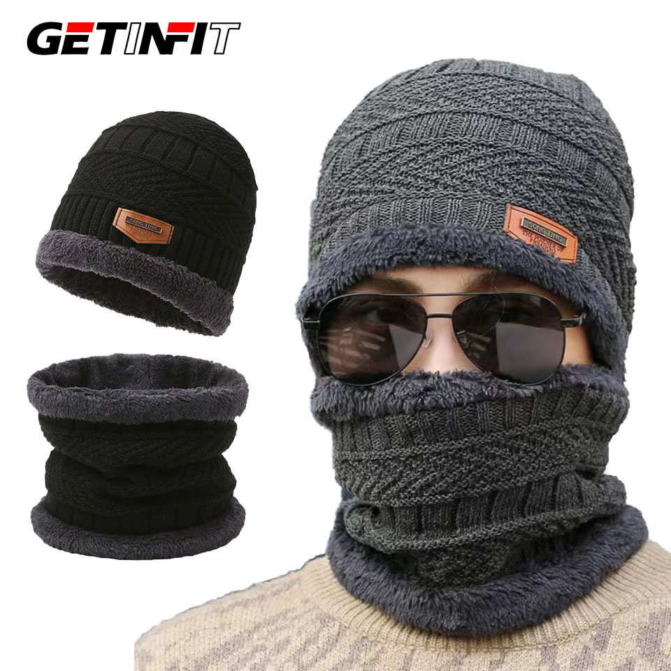Getinfit 1 pçs inverno veludo engrossado chapéu de lã quente 2 peças à prova de vento cachecol à prova de frio integrado chapéu de malha mulher homem
