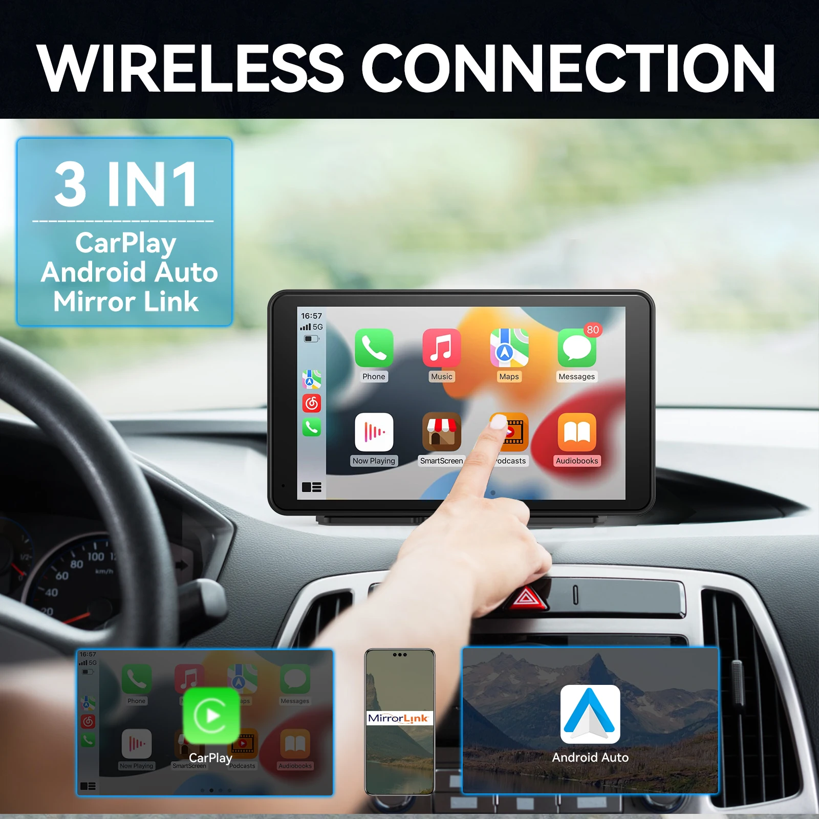 Pantalla táctil inteligente portátil CarPlay de 7 pulgadas con estéreo para coche, Android Auto inalámbrico/Enlace de espejo/conexión auxiliar/FM