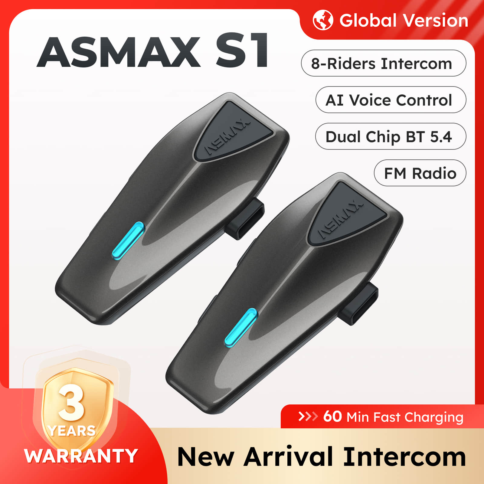 ASMAX S1 Bluetooth мотоциклетная гарнитура для шлема, BT 5.4 Беспроводная связь интерфон для прослушивания музыки 8 байкеров, FM-радио, IPX7, Русские голосовые подсказки Подходит для снегоходов/лыж/квадроциклов
