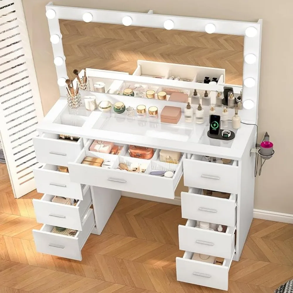 Vanity Desk Makeup Vanity with 10 LED Lights & 7 Metal Sliding Drawers Vanity Table with Open Shelves Makeup Table