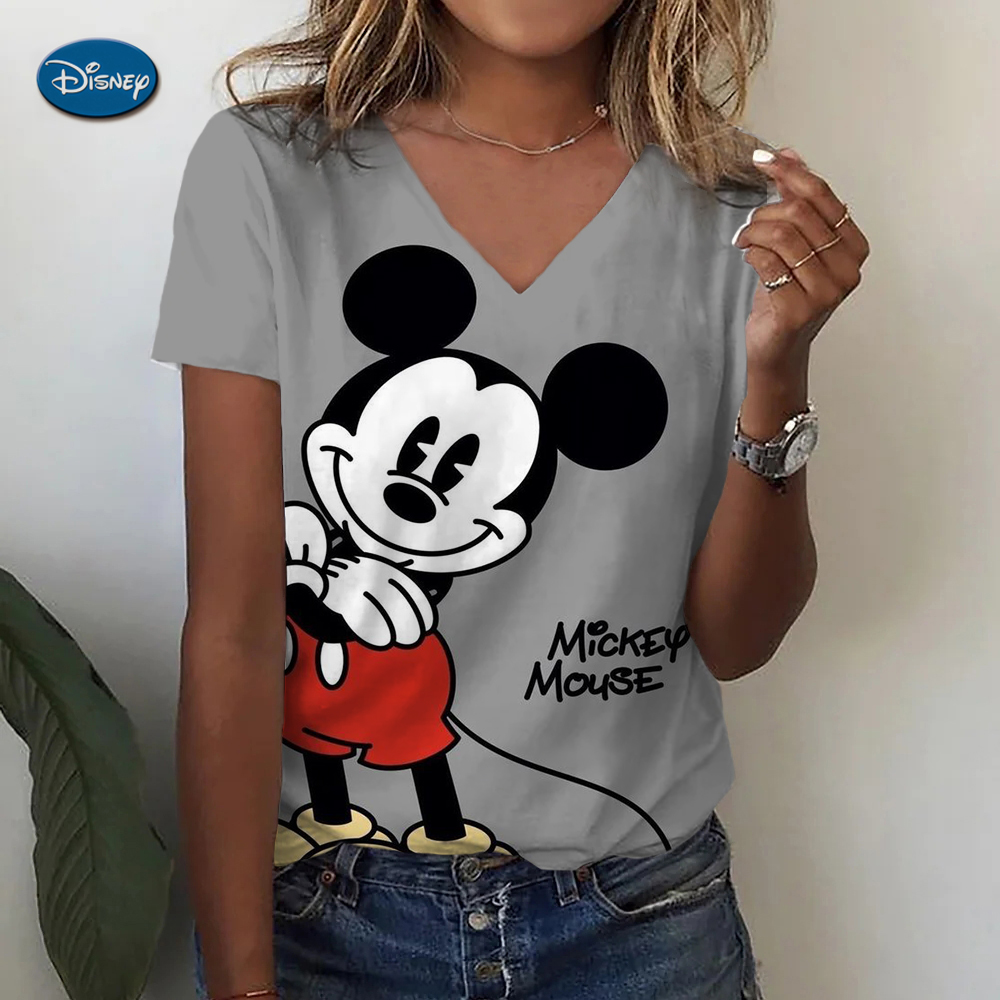 Camisetas con estampado 3D de Mickey Mouse de Disney para mujer, ropa informal de verano de manga corta con cuello en V, ropa de Hip Hop Harajuku Y2K
