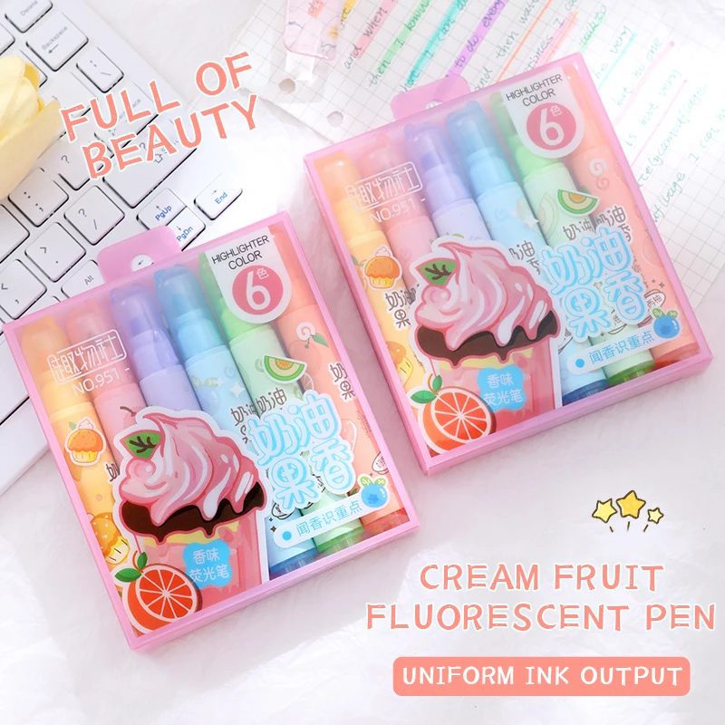 6 色の蛍光マーカークリーミーフルーティーな香りの蛍光ペン新学期用品美的女子学生キッズギフト