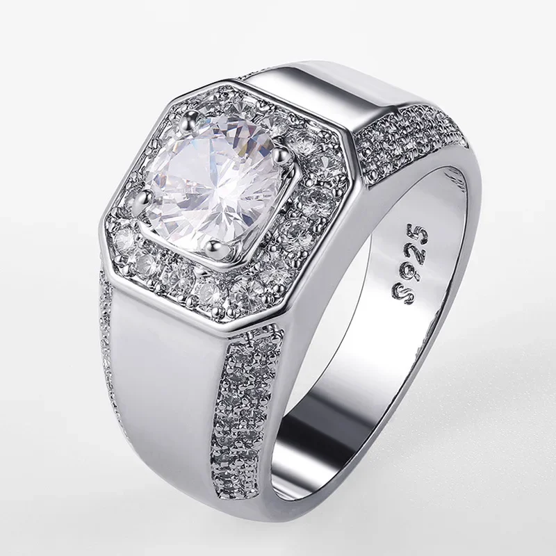Cao Cấp Màu Bạc Nam AAA Pha Lê Đính Đá Zircon Nhẫn Cưới Rực Rỡ Quý Phái Đính Hôn Tham Gia Đảng Plata Nhẫn S925 Tem