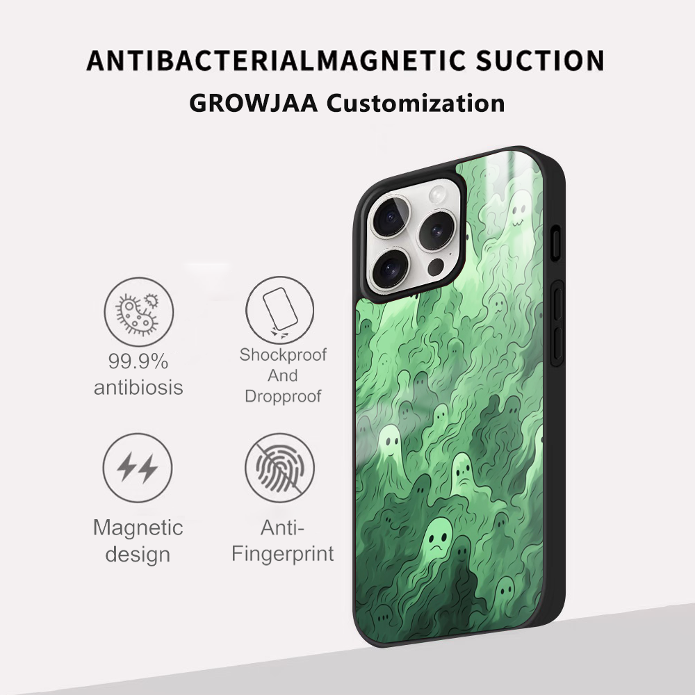 Casing ponsel hijau hantu Magsafe lucu, penutup magnetik nirkabel cermin tahan guncangan Mini untuk iPhone 15 14 13 12 11 Pro Max Plus