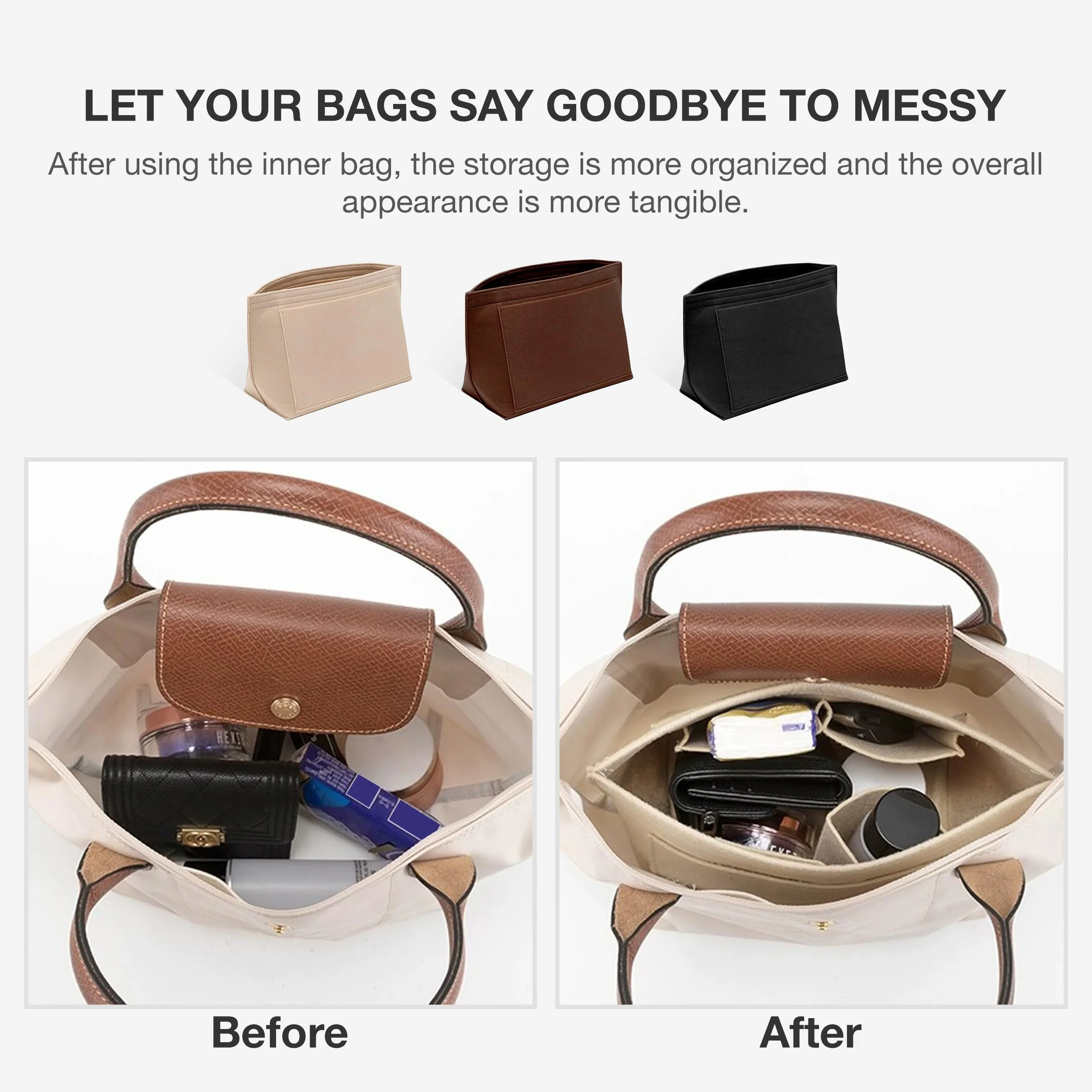 펠트 삽입 가방은 Longchamp 핸드백 라이너 가방에 적합 펠트 천 메이크업 가방 지원 여행 휴대용 삽입 지갑 주최자