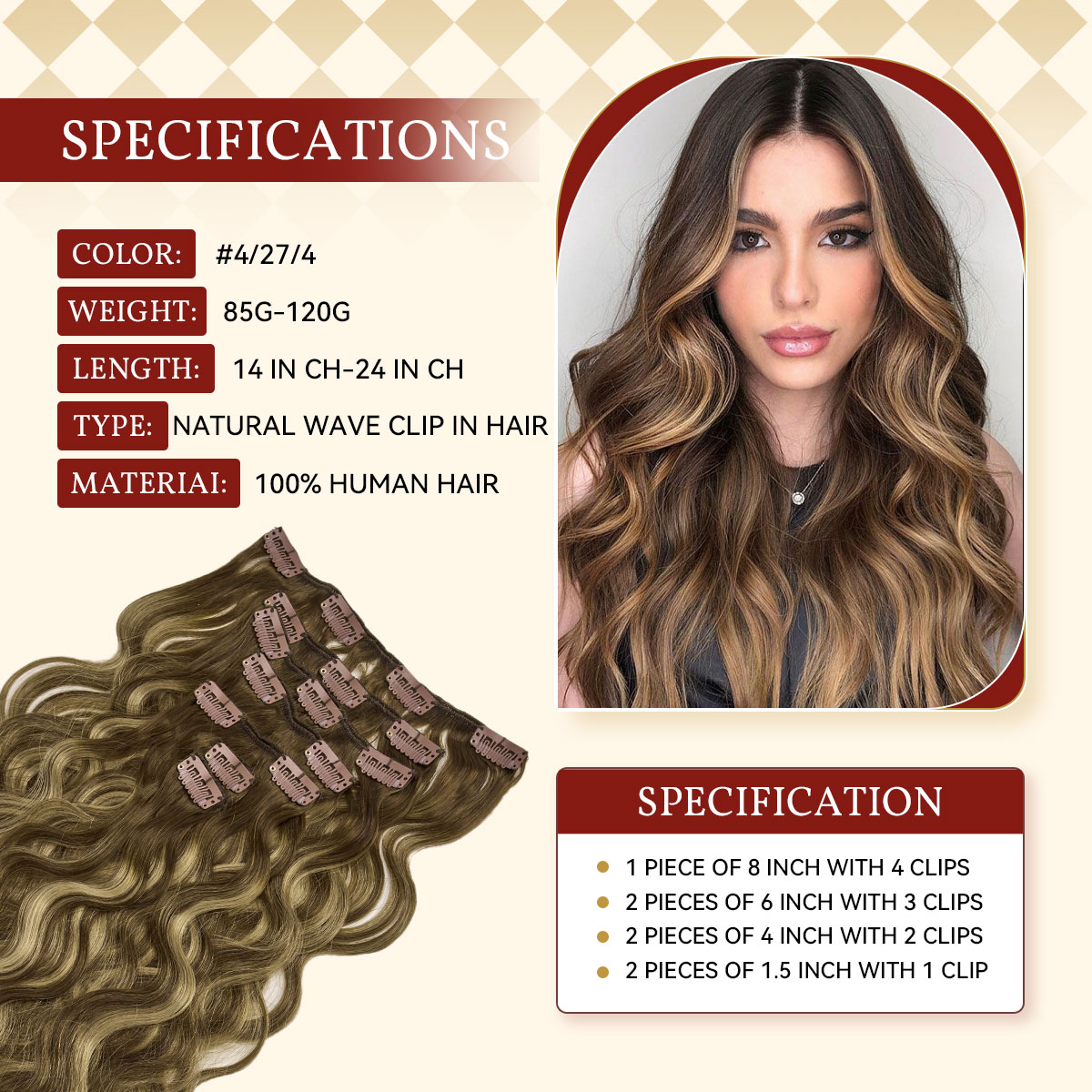 12A vague naturelle pince dans les Extensions de cheveux humains 100% Remy pince de cheveux humains en 120G 7 pièces/ensemble tête complète pour les femmes 14-24 pouces