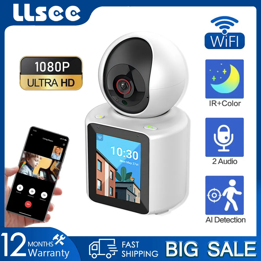 Cámara de seguridad LLSEE Wifi con pantalla de vídeo móvil 1080P, cámara CCTV inteligente, pantalla IPS bidireccional de 2,8 pulgadas con 360
