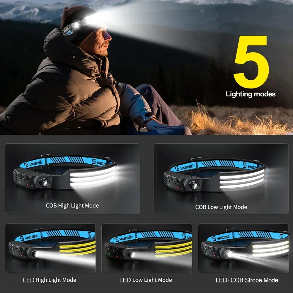 Linterna frontal de inducción COB + linterna LED con batería integrada recargable por USB para exteriores impermeable Camping pesca trabajo linterna ﻿
